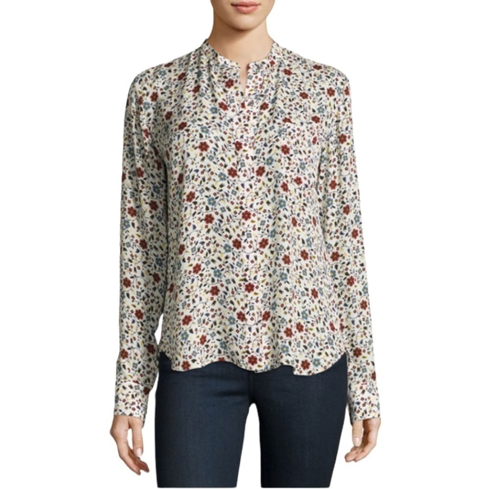 A.L.C. Rey Long-Sleeve Floral Silk Top, White/Multicolor